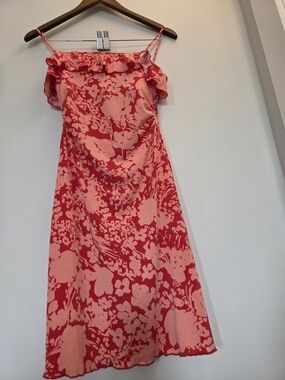 Off-Shoulder Floral Midi Dress in Coral Pink